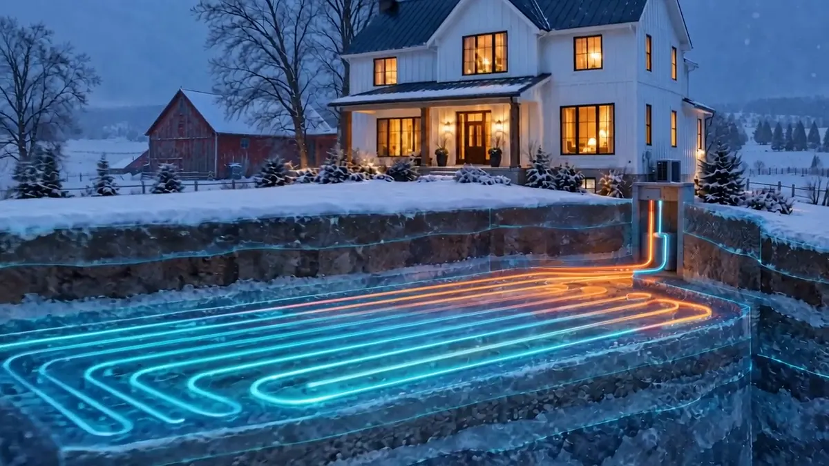 A winter farmhouse with glowing geothermal loops under the yard