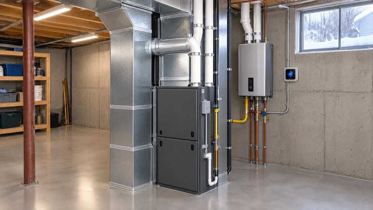 A new high-efficiency furnace and tankless water heater in a clean basement