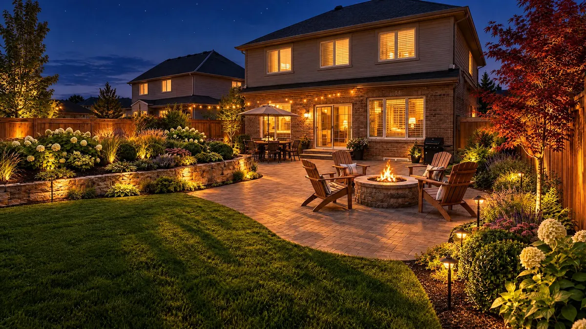 A lit backyard patio at dusk from the landscaping concept site
