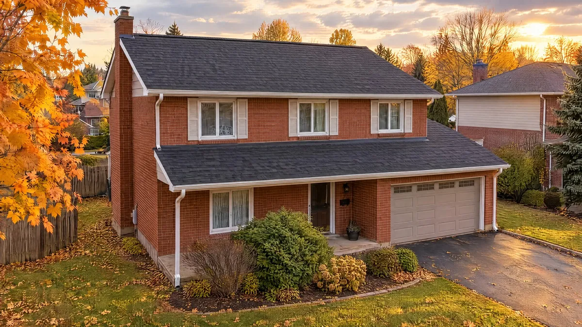 A brick house with a brand-new charcoal shingle roof at golden hour